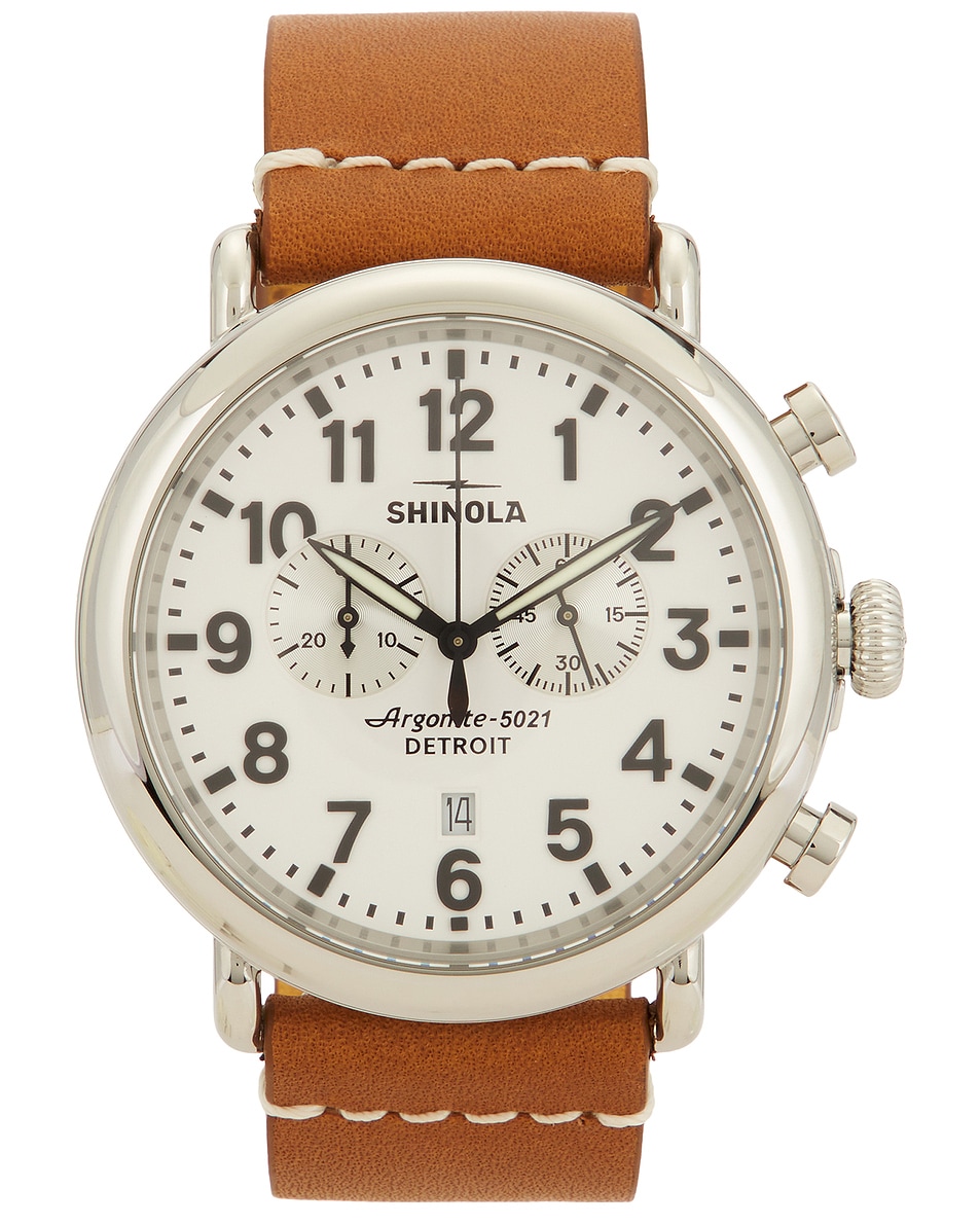 Image 1 of Shinola Runwell 2 Eye Chrono 47mm Watch Camel Leather Strap in White