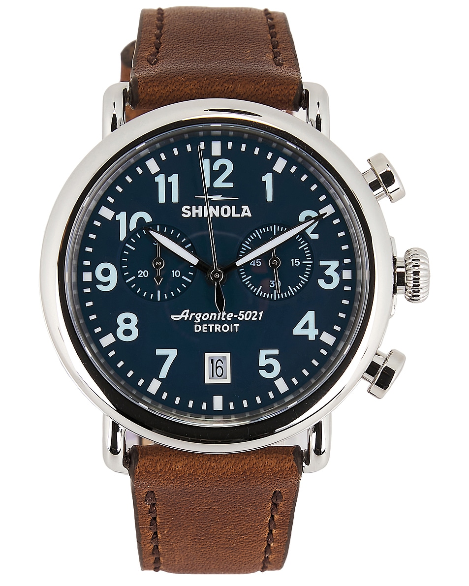 Image 1 of Shinola Runwell 2 Eye Chrono 41mm Watch British Tan Leather Strap in Midnight Blue
