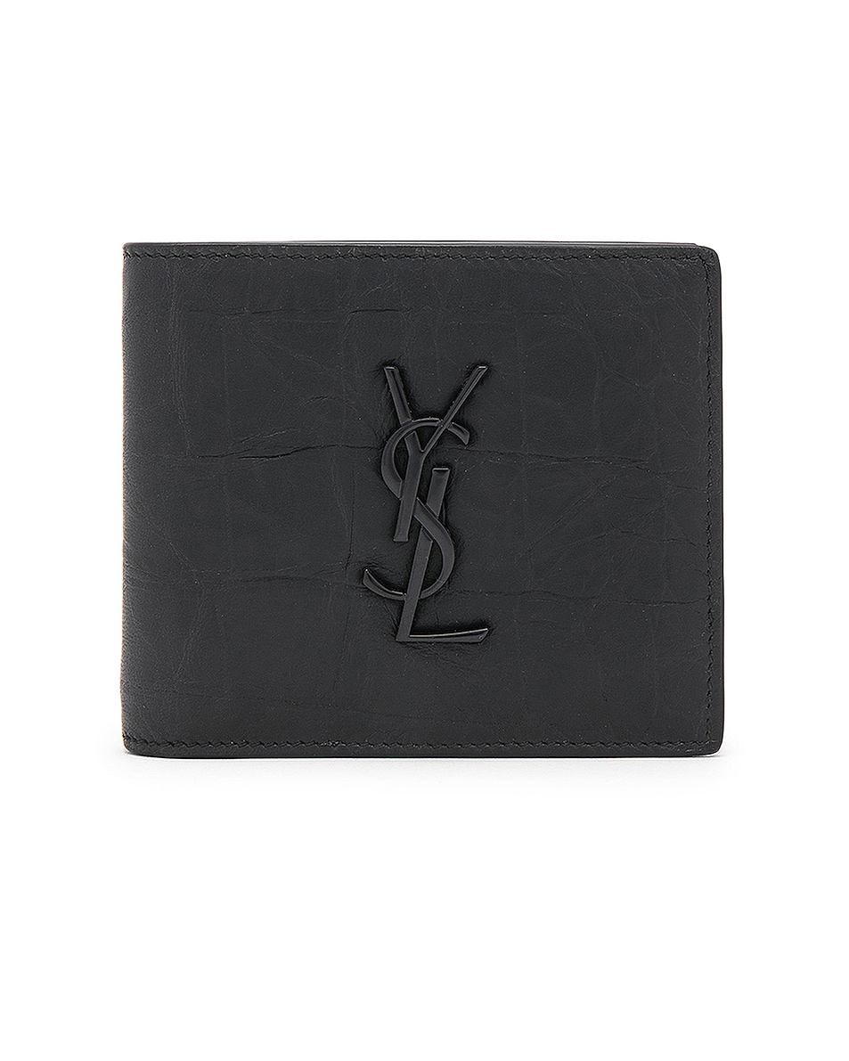 Image 1 of Saint Laurent Croc Embossed Billfold Wallet in Black