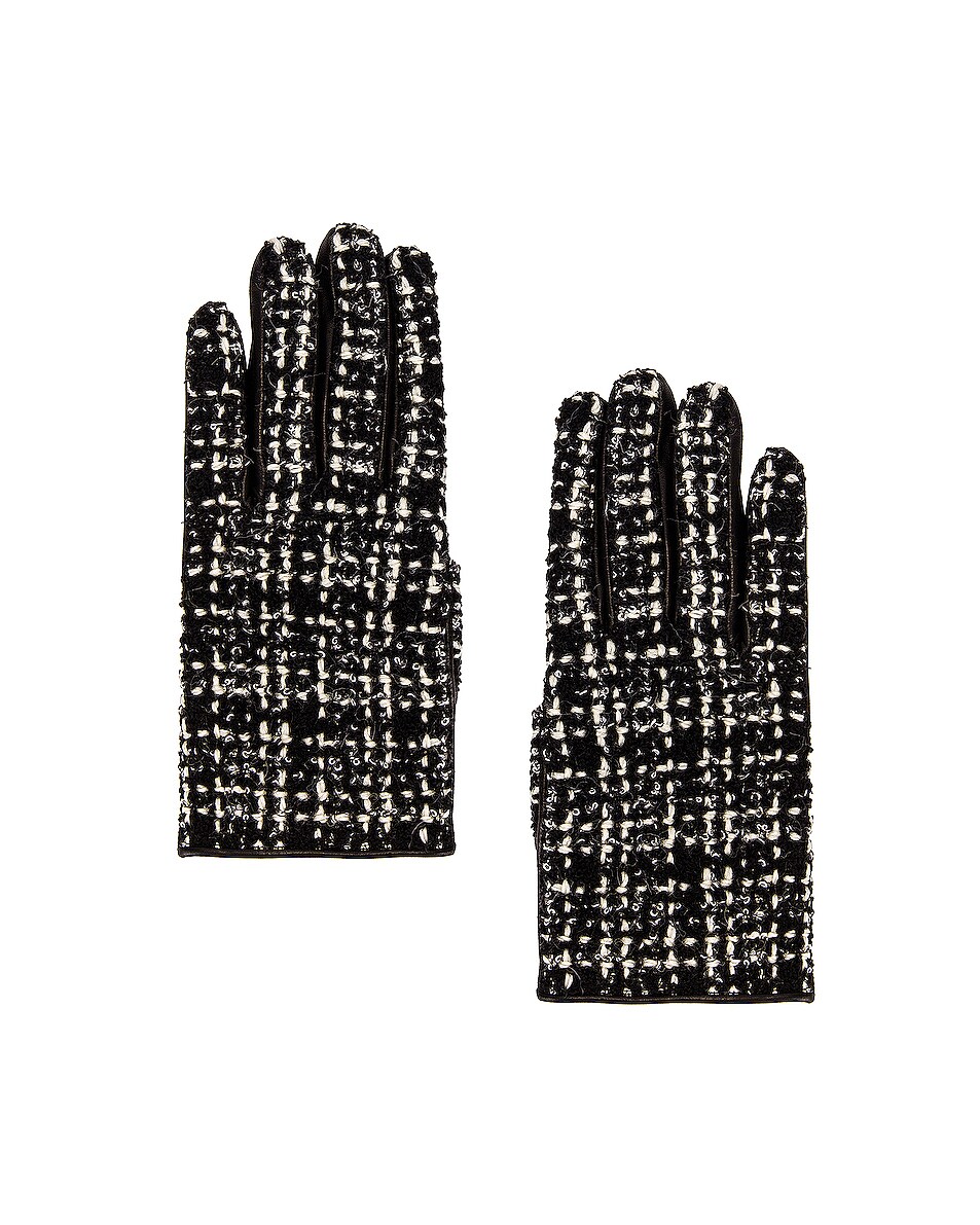 Image 1 of Saint Laurent Tweed Gloves in Black & Ivory