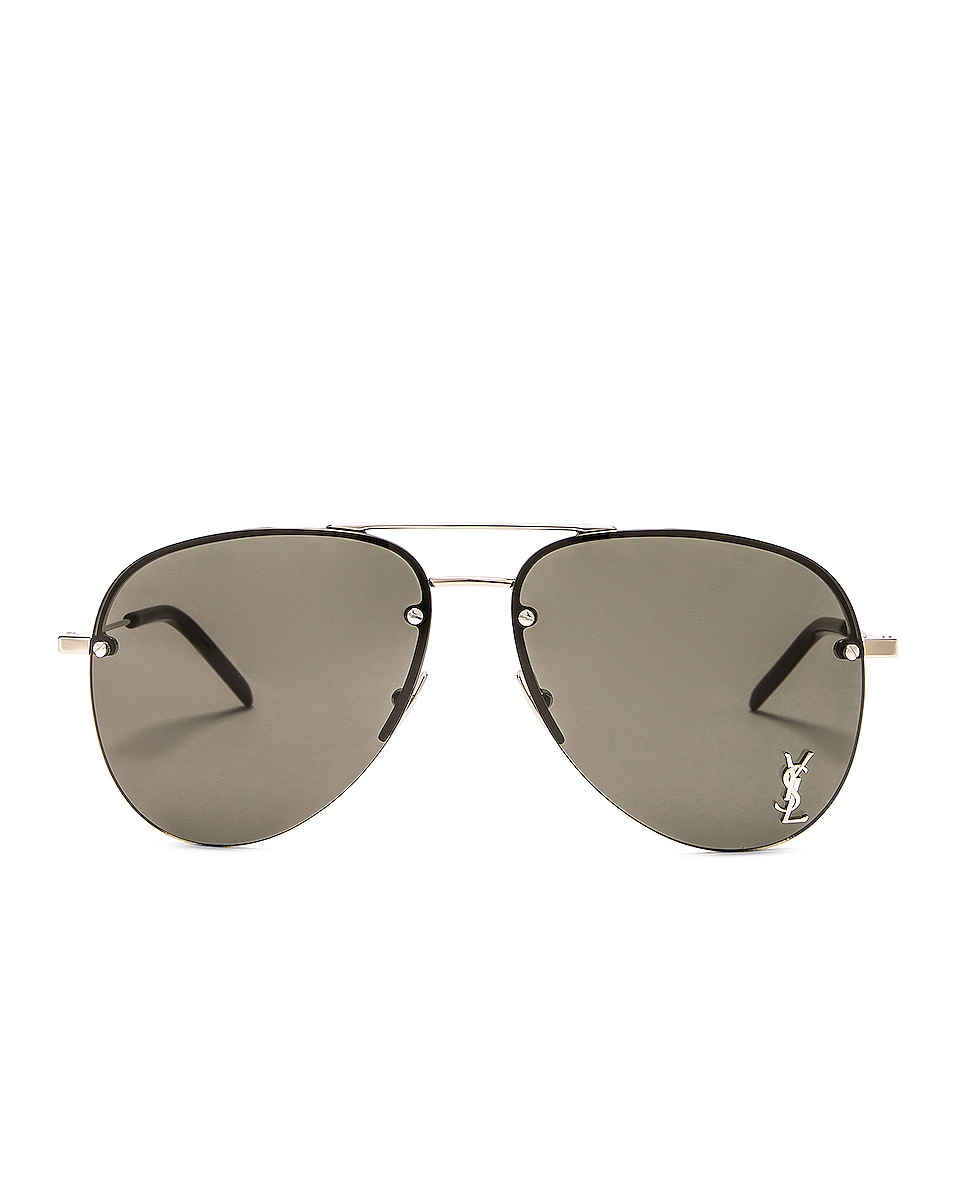 Image 1 of Saint Laurent Metal Aviator Sunglasses in Silver & Grey