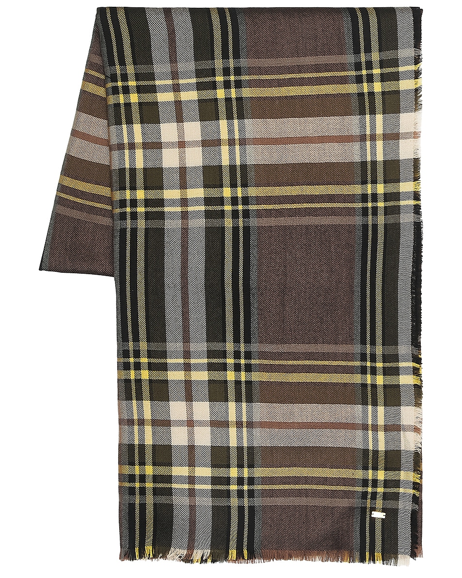 Image 1 of Saint Laurent Large Fringed Scarf in Brown & Dark Green