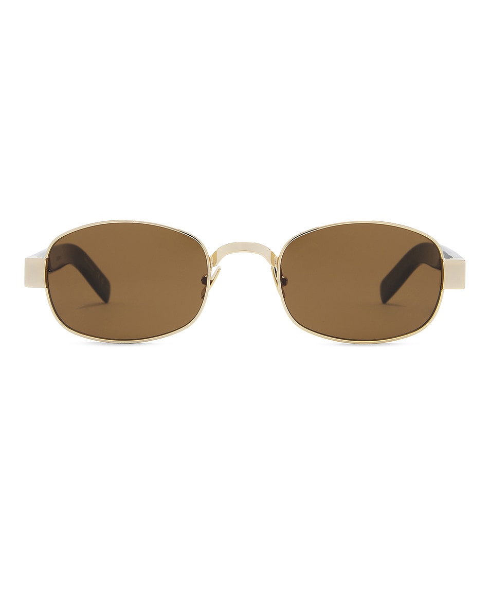 Image 1 of Saint Laurent Rectangular Sunglasses in Gold, Black, & Brown