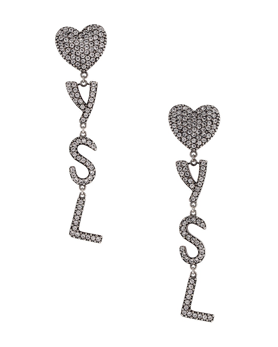 Shop Saint Laurent Ysl Earrings In Oxidized Silver & Crystal