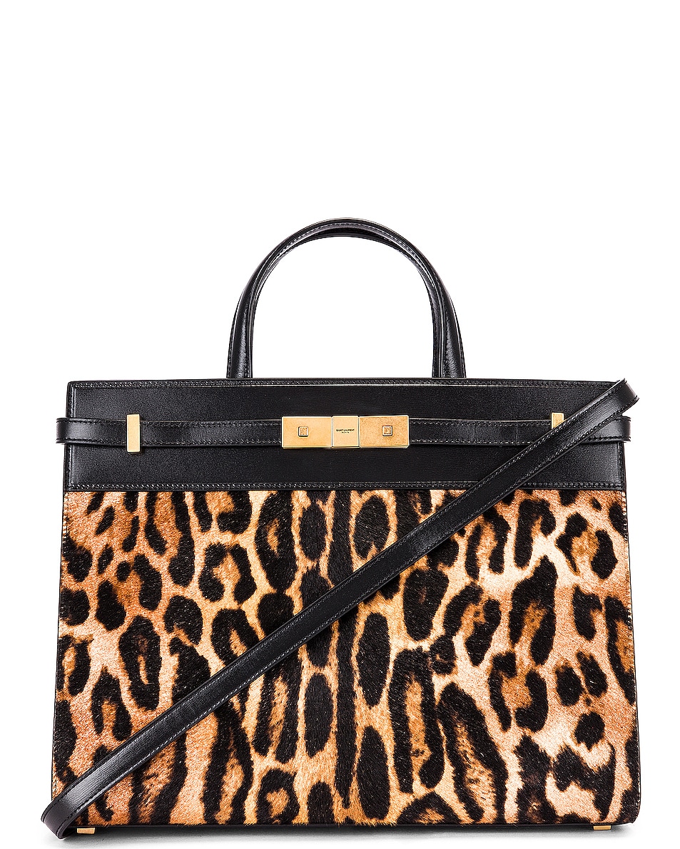 Image 1 of Saint Laurent Leopard Calf Fur Manhattan Shoulder Bag in Natural & Black