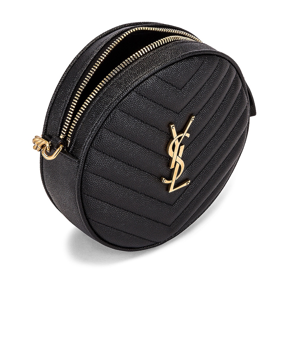 Saint Laurent Vinyle Ysl Round Quilted Grain De Poudre Crossbody Bag In