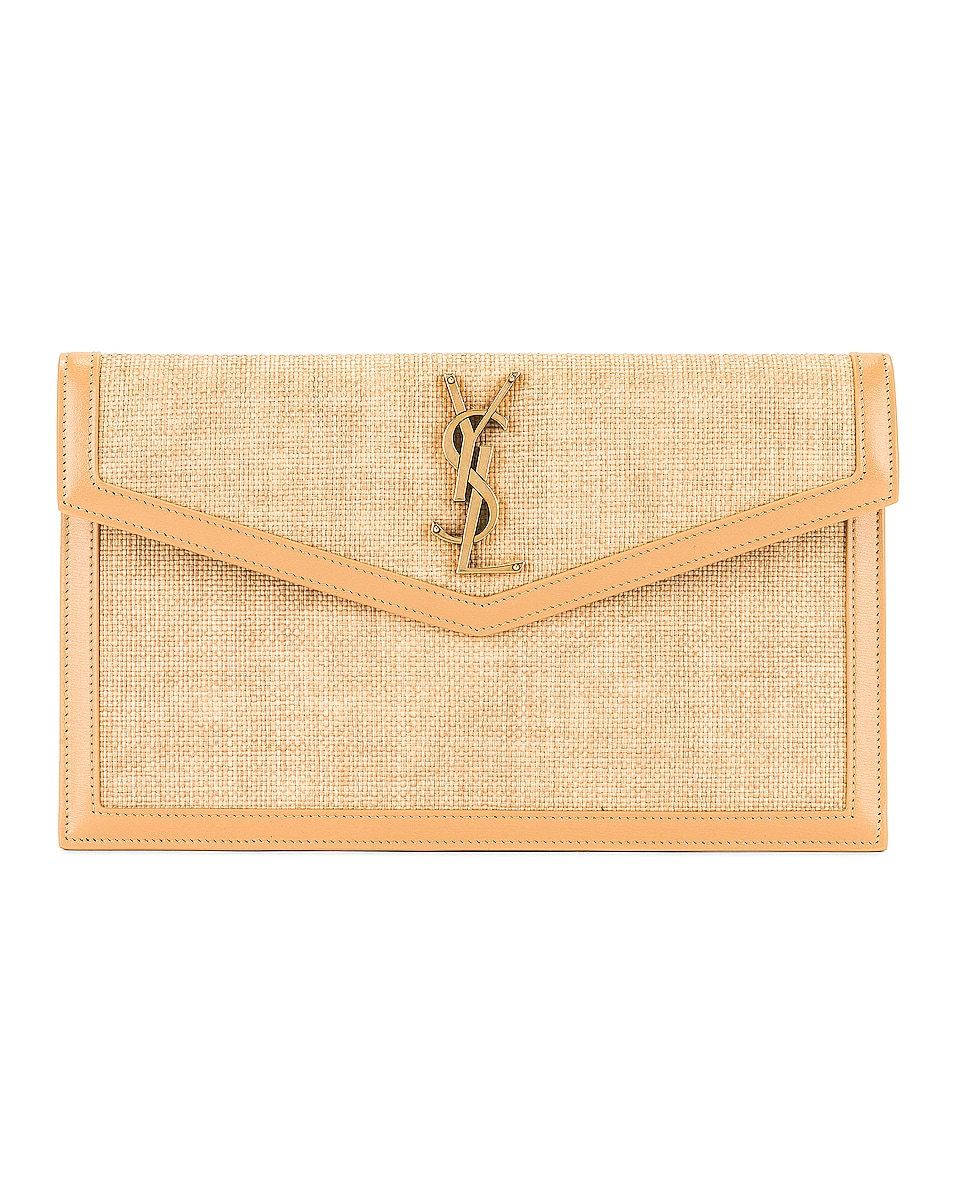 Image 1 of Saint Laurent Uptown Raffia Pouch in Natural Hay & Blush