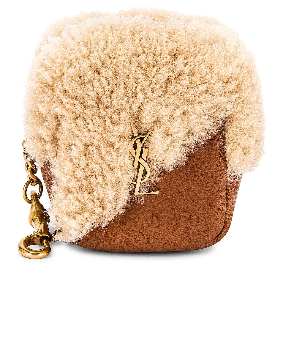 Image 1 of Saint Laurent Jamie Shearling Charm Pouch in Natural Beige & Brick