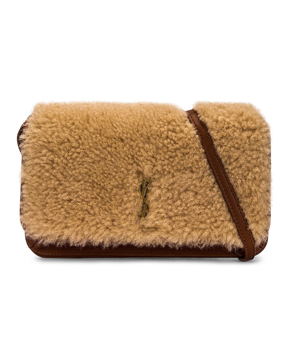 Image 1 of Saint Laurent Shearling Phone Bag in Natural Beige & Brick