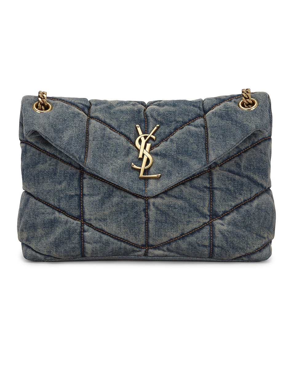 Image 1 of Saint Laurent Small Puffer Monogramme Chain Bag in Rodeo Blue & Cinnamon