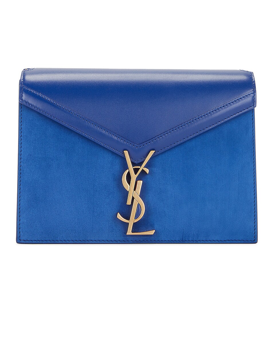 Image 1 of Saint Laurent Cassandra Monogramme Suede Chain Bag in Bleu Saphir