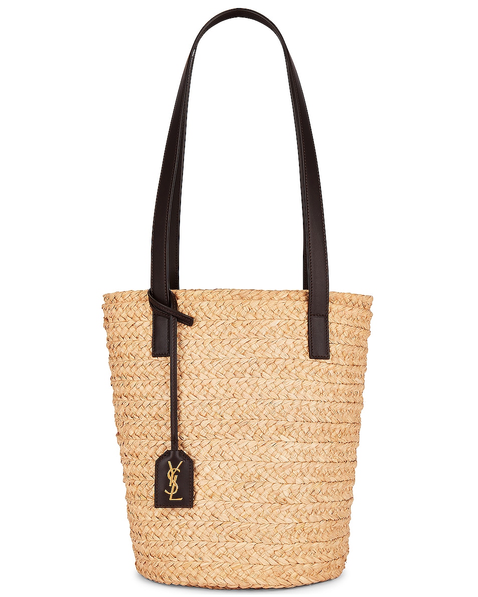 Image 1 of Saint Laurent Small Panier Raffia Bag in Natural & Brown