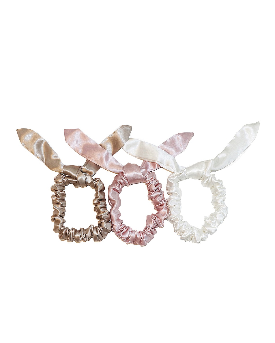 Image 1 of slip Bunny Scrunchie 3 Pack in Pink, White & Caramel