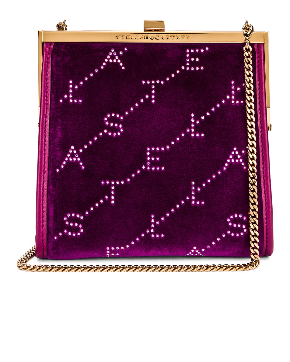 Image 1 of Stella McCartney Mini Frame Monogram Velvet Crystal Bag in New Purple