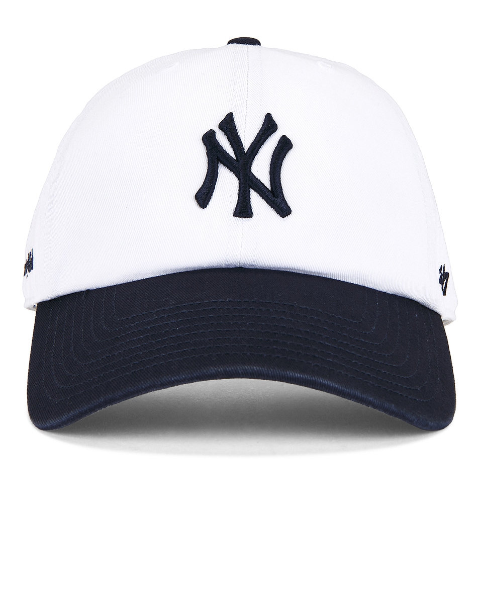 Image 1 of Sporty & Rich Yankees Serif Hat in White & Dark Navy