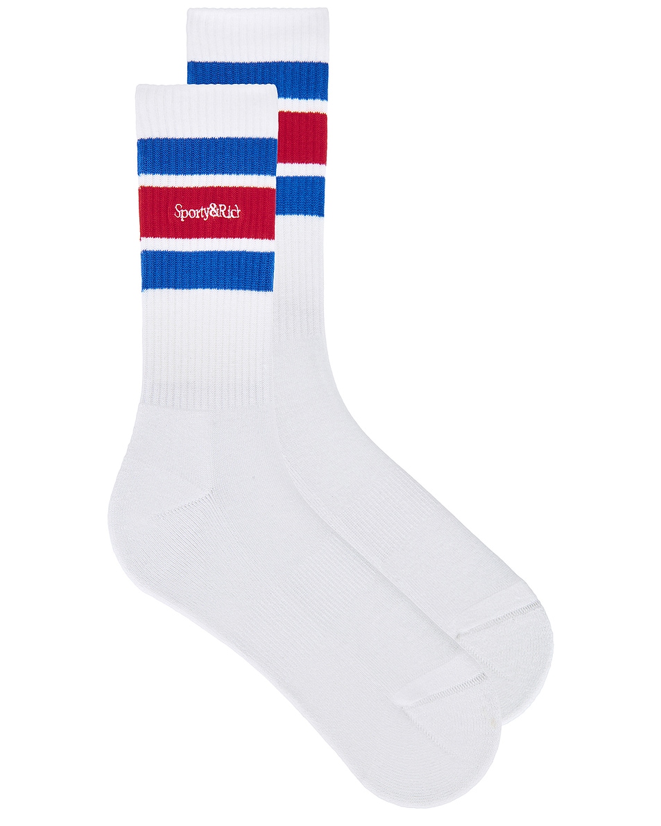 Image 1 of Sporty & Rich Serif Logo Socks in White, Paris Blue, & Ruby