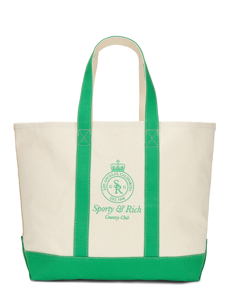 Image 1 of Sporty & Rich Crown Logo Embroidered Two Tone Tote Bag in Natural & Verde