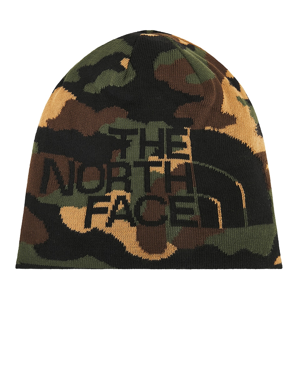 Image 1 of The North Face Reversible Highline Beanie in TNF Black & TNF Camo Print