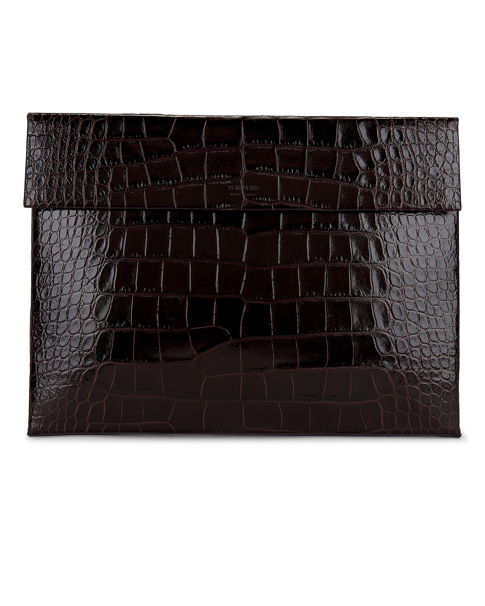 Image 1 of TOM FORD Shiny Printed Croc Slim Flap Portfolio in Espresso