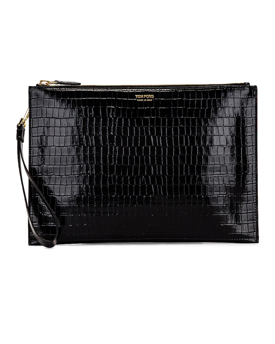 Image 1 of TOM FORD Glossy Printed Croc Flat Pouch With Strap in Black