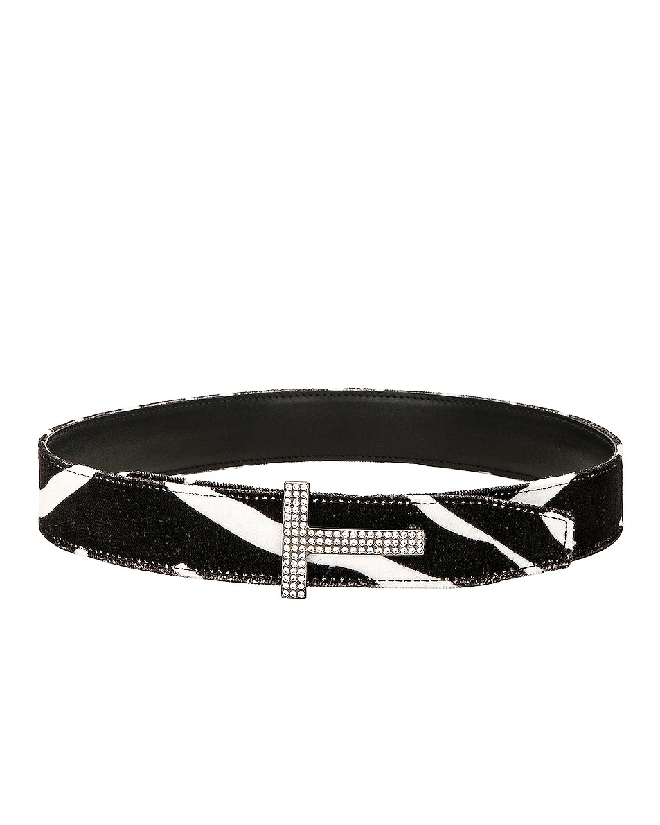 Image 1 of TOM FORD Zebra Printed Velvet 30mm Belt in Black & White