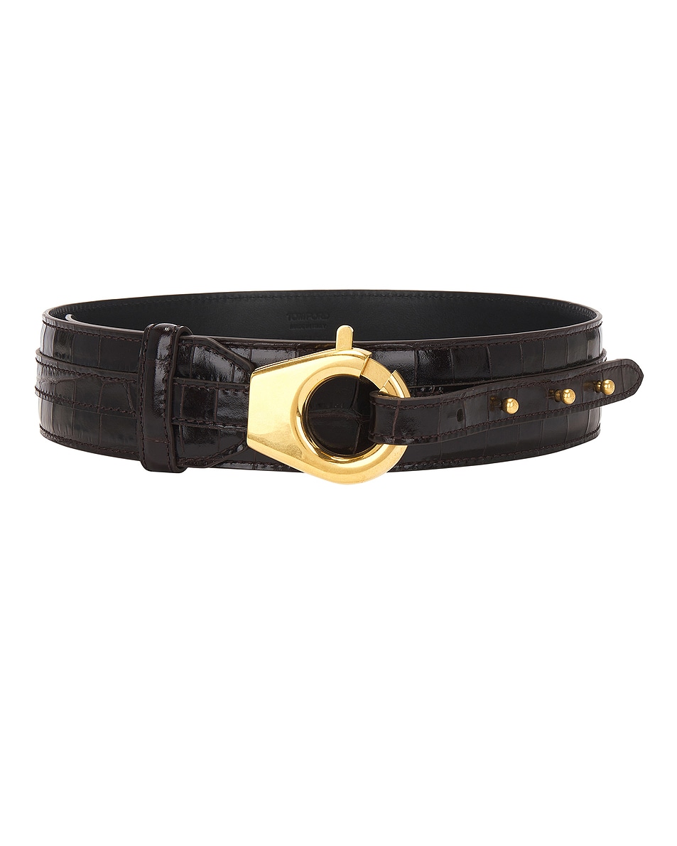 Image 1 of TOM FORD Shiny Printed Croc Belt in Espresso