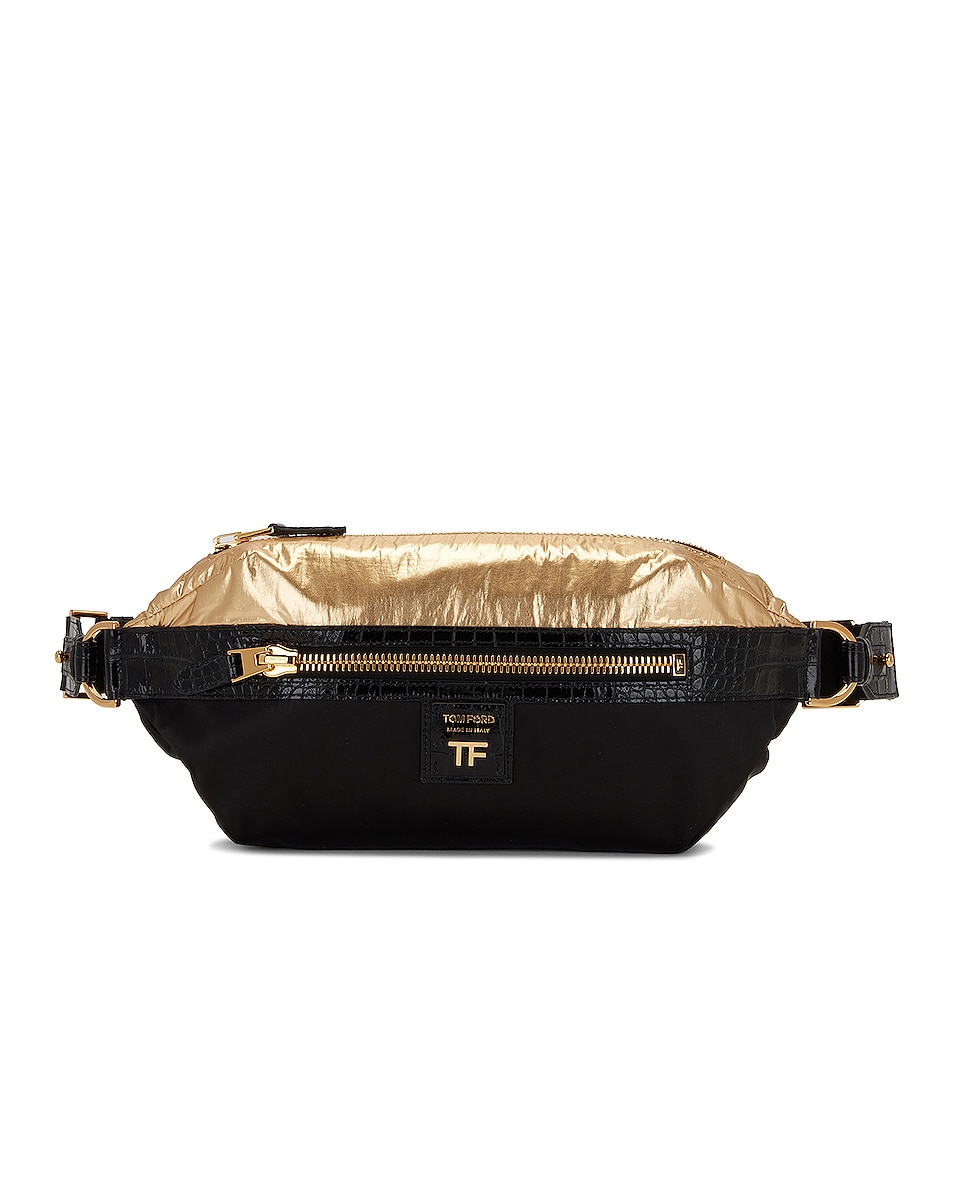 Image 1 of TOM FORD Metallic and Stamped Croc Belt Bag in Gold & Black