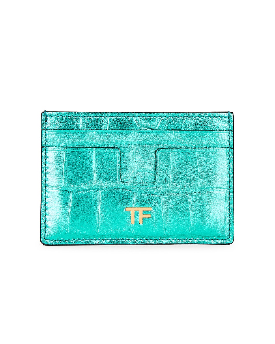 Image 1 of TOM FORD Metallic Stamped Croc Classic TF Card Holder in Lagoon