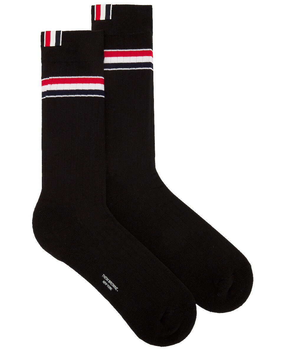 Image 1 of Thom Browne Athletic Rib Mid Calf Socks in Black