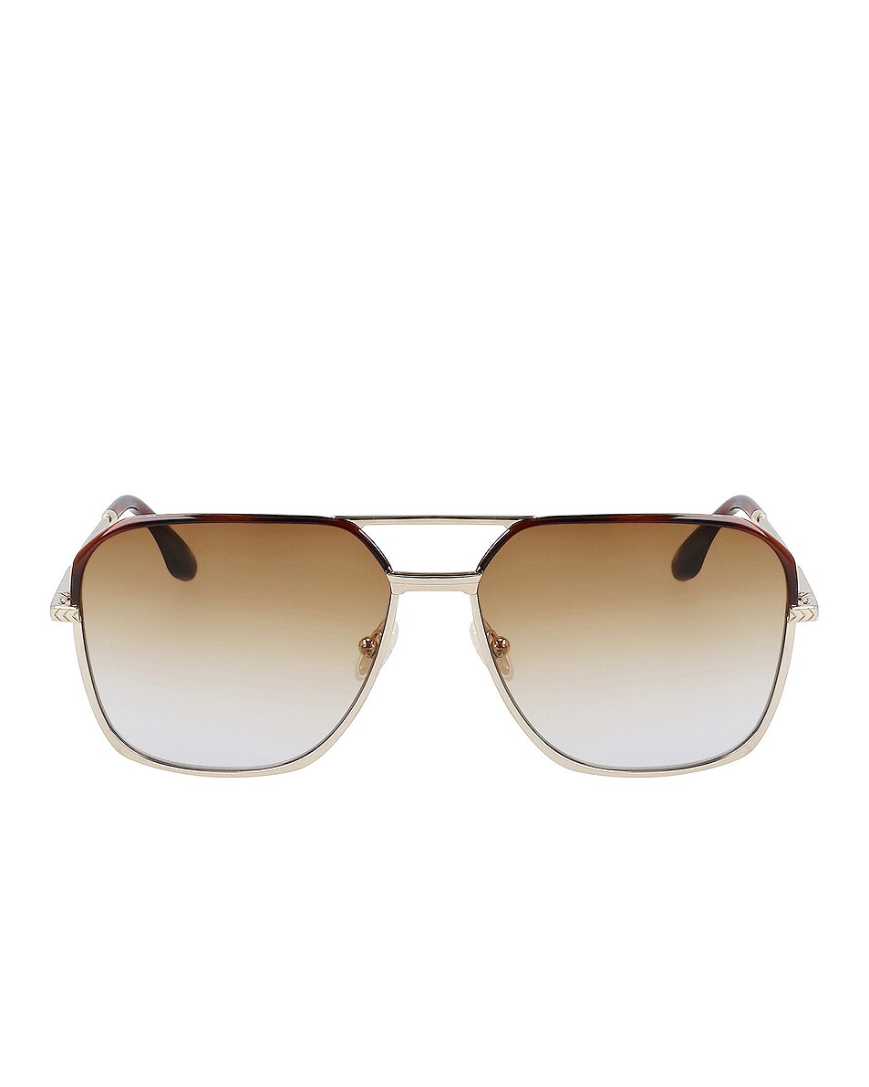 Image 1 of Victoria Beckham Metal Enamel Navigator Sunglasses in Gold & Brown