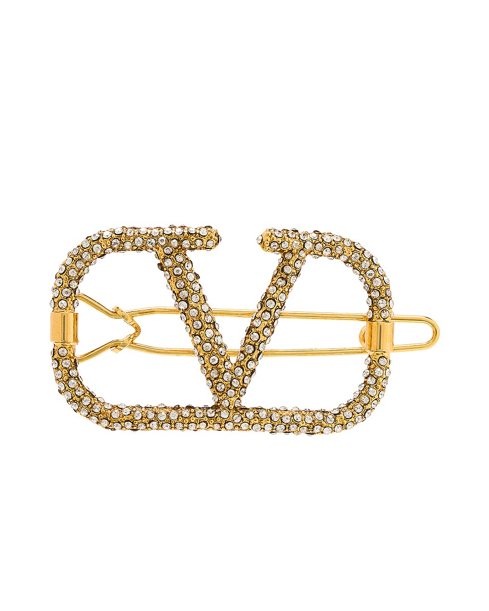 Image 1 of Valentino Garavani VLogo Hair Clip in Oro & Crystal Silver