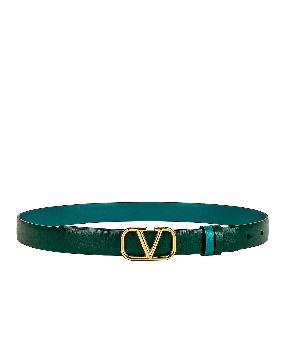 Image 1 of Valentino Garavani Vlogo Signature Reversible Belt in Jungle & Ultramarine Green