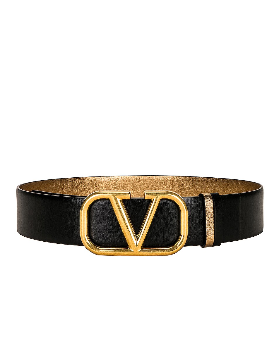 Image 1 of Valentino Garavani Vlogo Signature Reversible Belt in Nero & Antique Brass