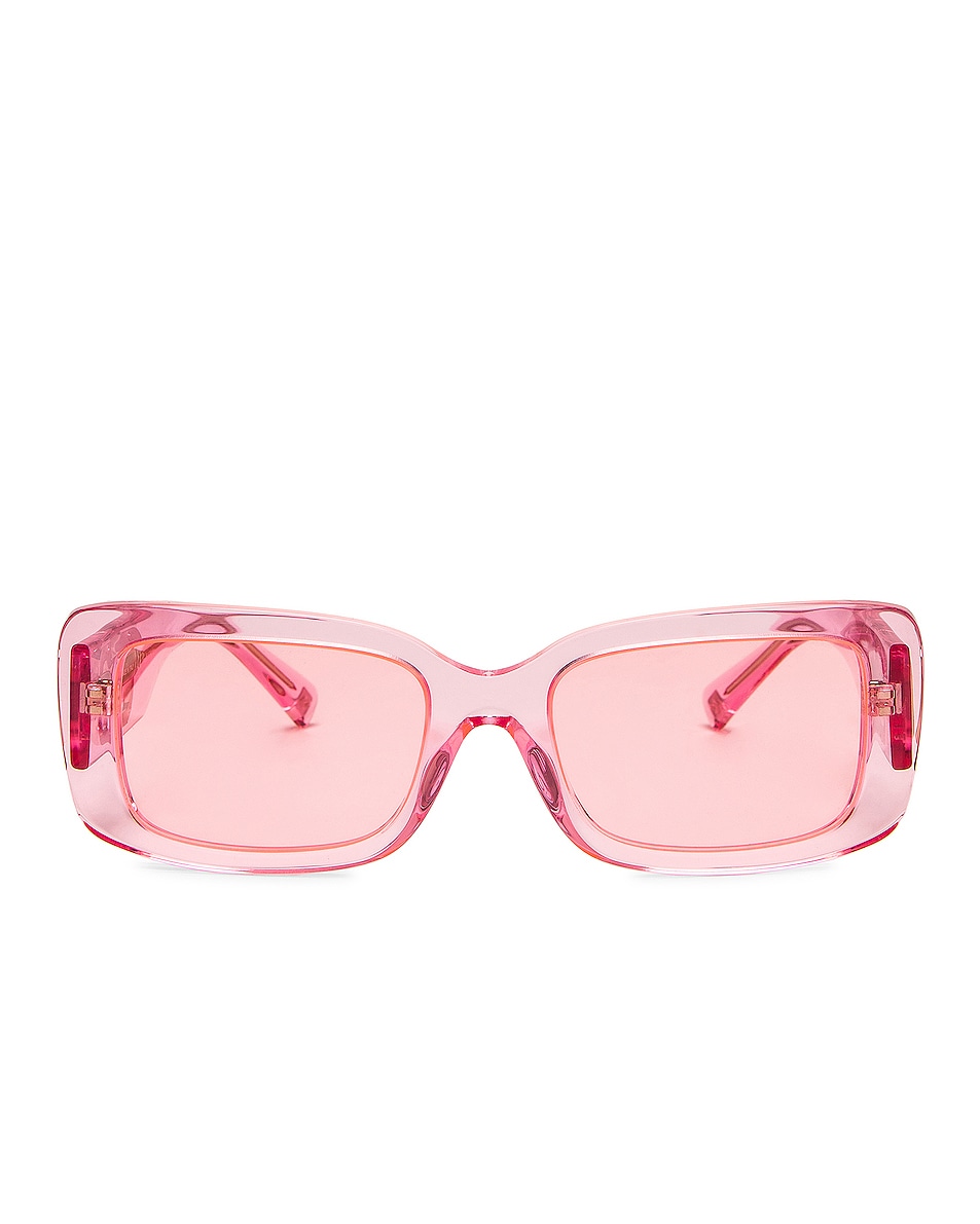 Image 1 of Valentino Garavani Valentino Logo Rectangle Sunglasses in Transparent Pink & Pink