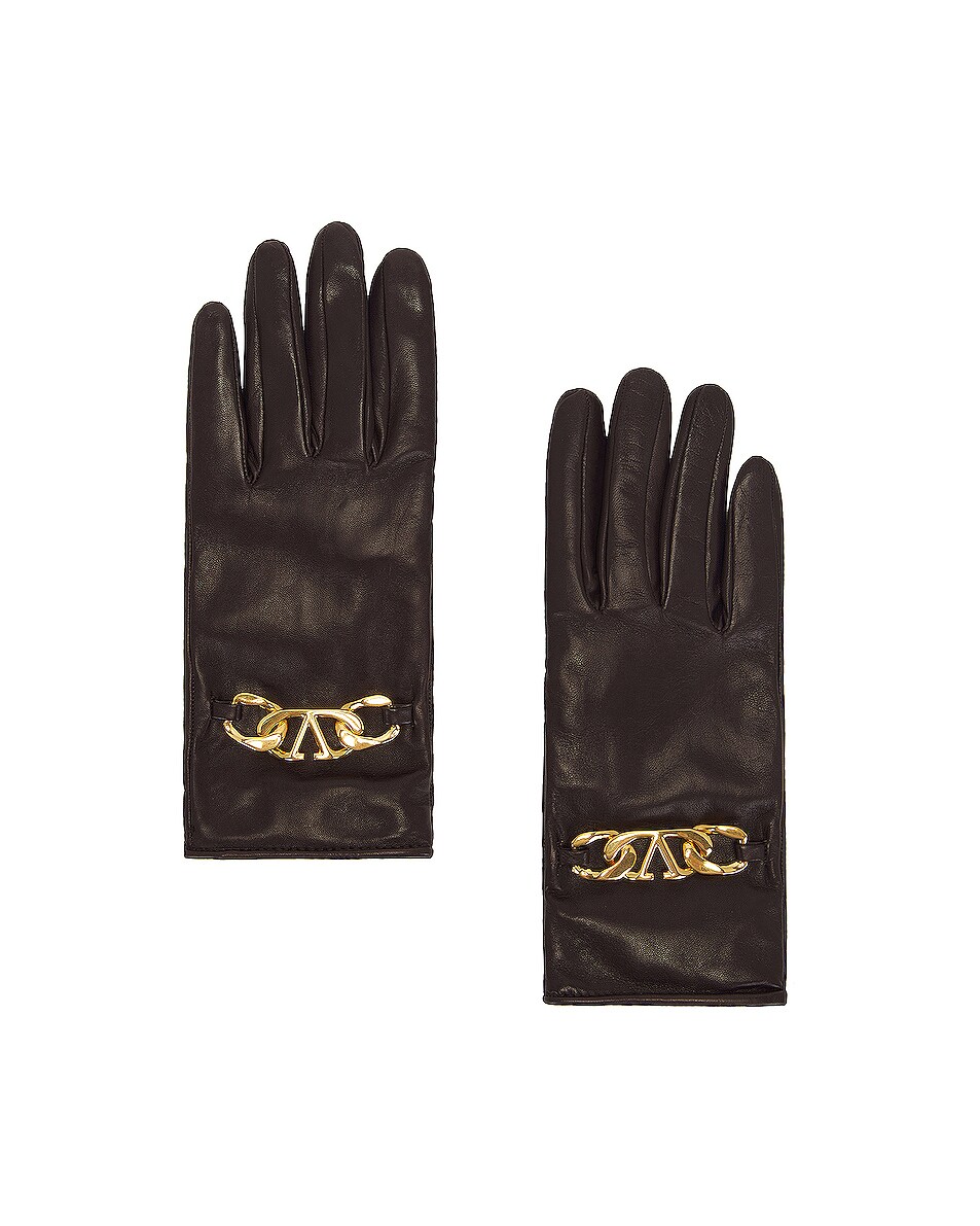 Image 1 of Valentino Garavani V Logo Chain Gloves in Dark Fudge