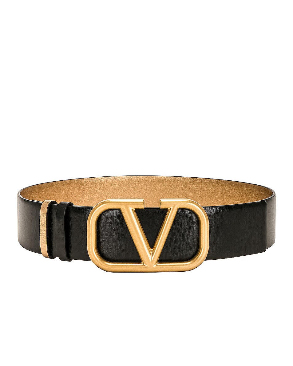 Image 1 of Valentino Garavani Reversible V Logo Signature Belt in Nero & Antique Brass