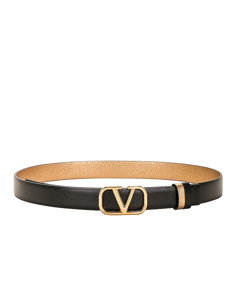 Image 1 of Valentino Garavani V Logo Reversible Belt in Nero & Antique Brass
