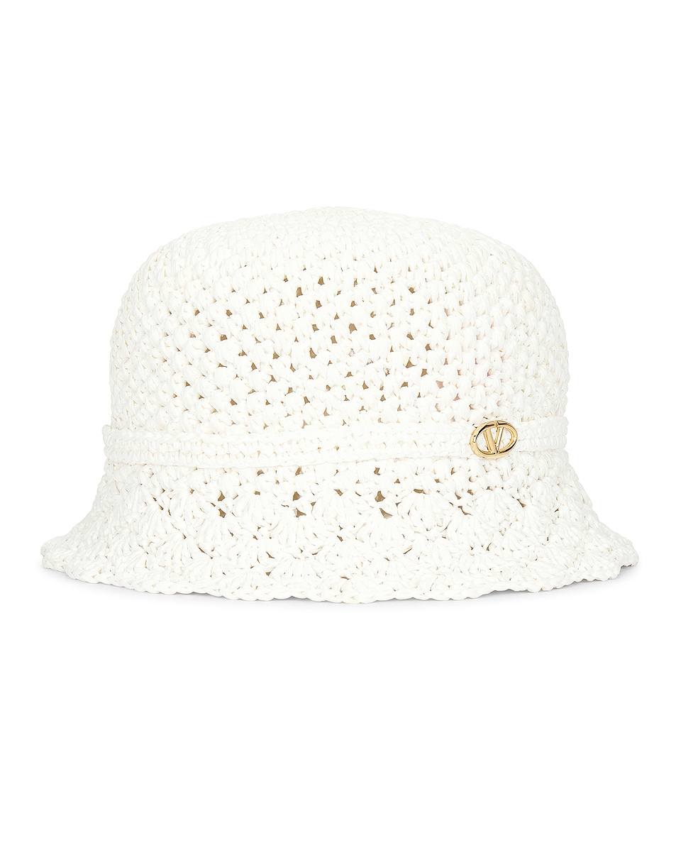 Image 1 of Valentino Garavani Crochet Bucket Hat in Bianco & Gold