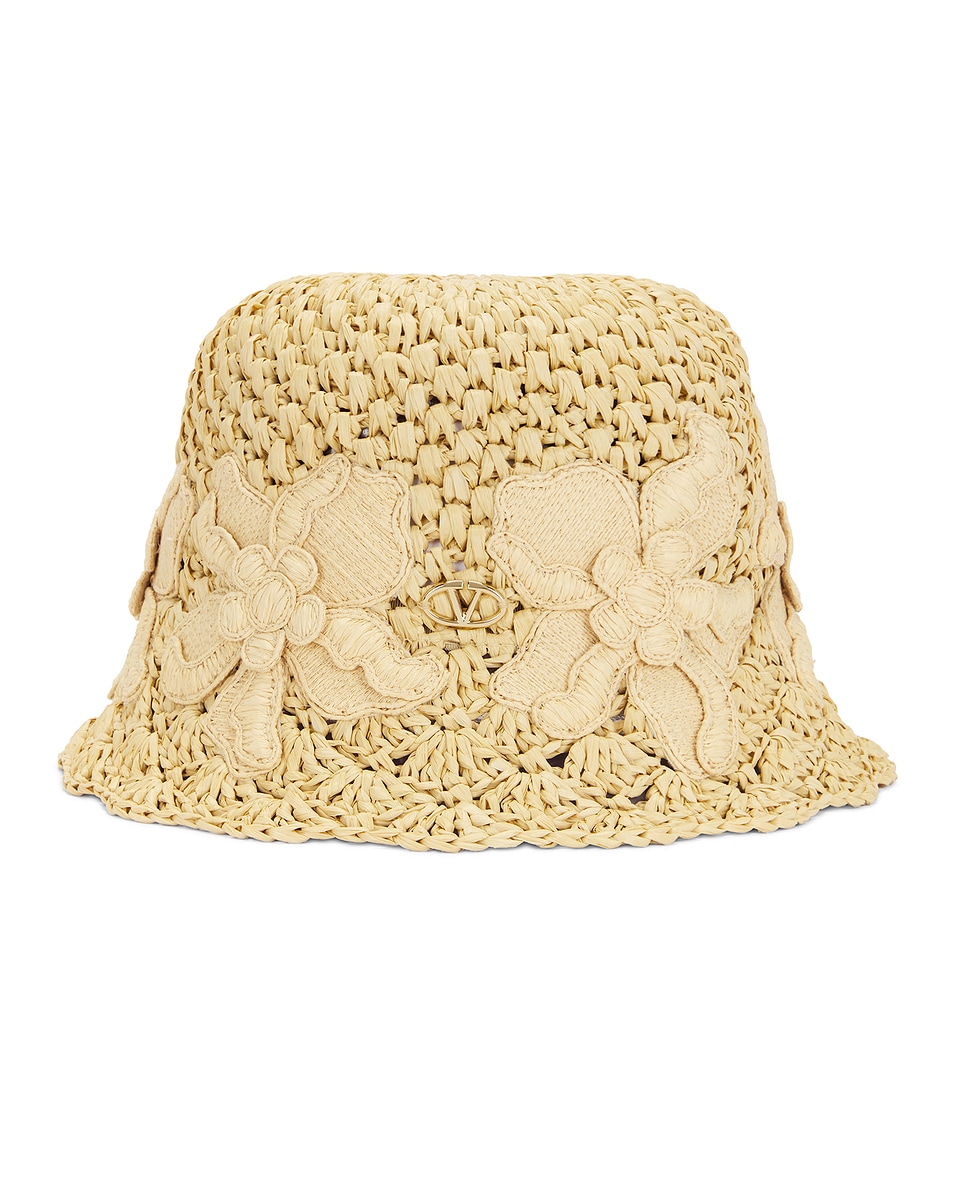 Image 1 of Valentino Garavani Crochet Bucket Hat in Naturale & Gold