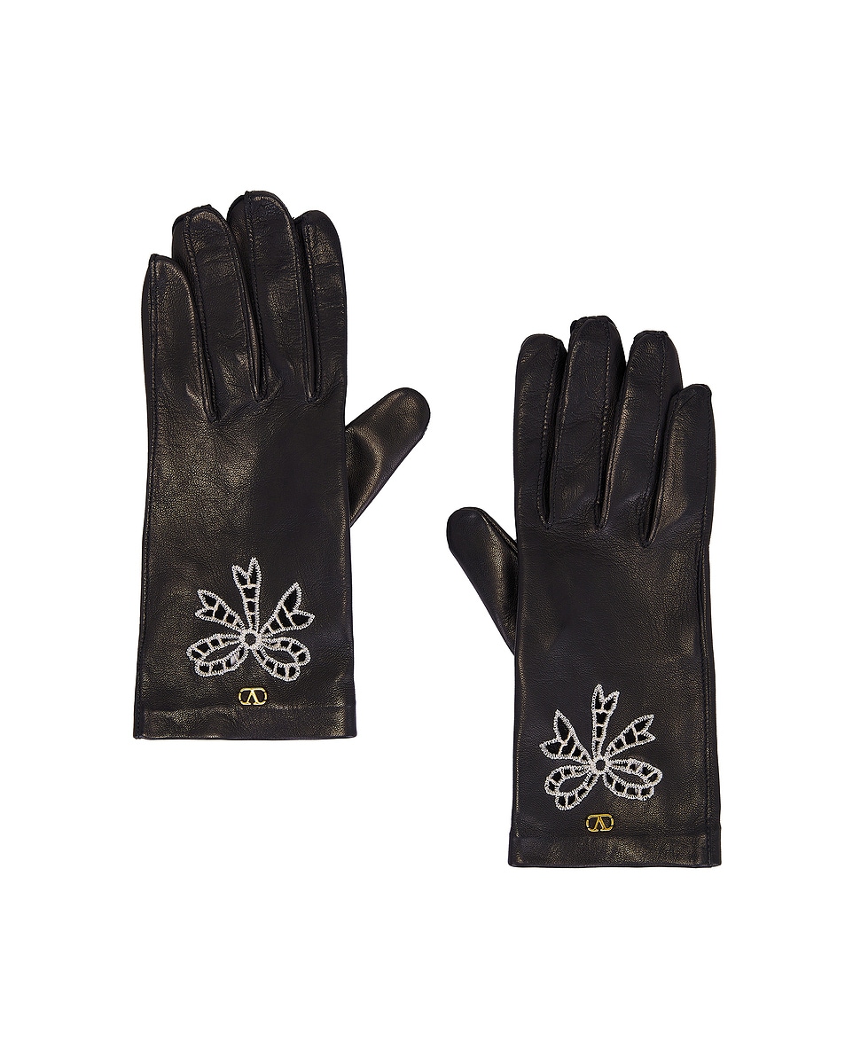 Image 1 of Valentino Garavani V Logo Signature Gloves in Nero, Burro, & Antique Brass