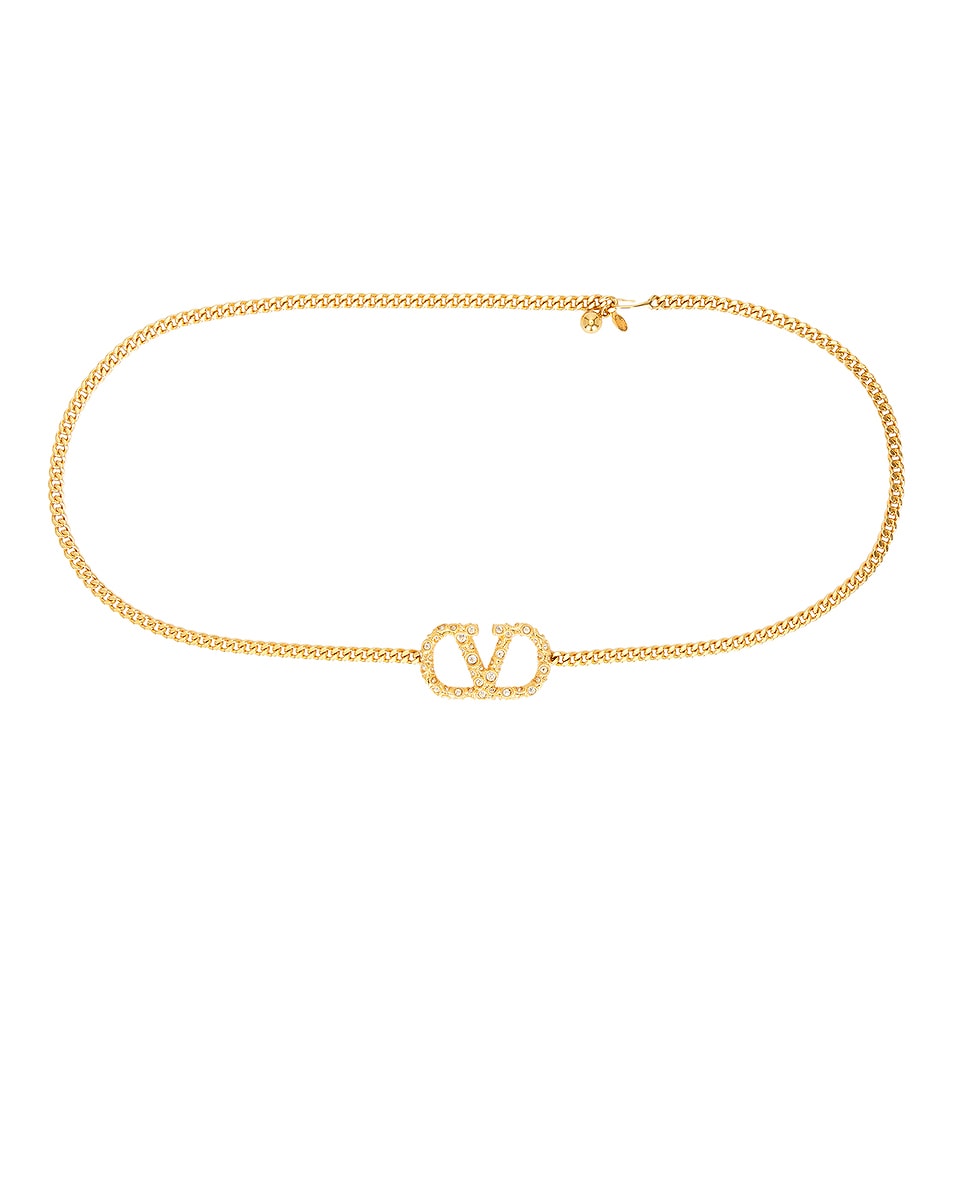 Image 1 of Valentino Garavani V Logo Signature Chain Belt in Vintage Brass & Crystal