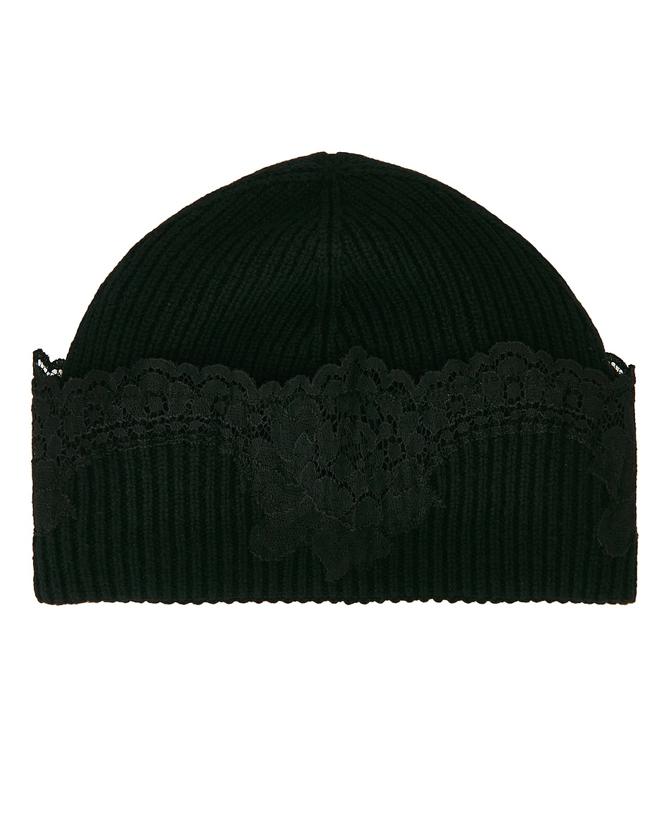 Image 1 of Valentino Garavani V Logo Cashmere Lace Beanie in Nero
