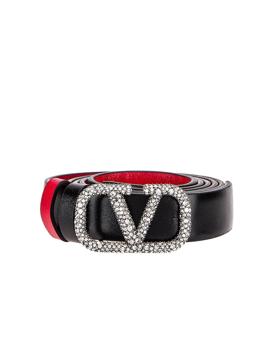 Image 1 of Valentino Garavani VLogo Belt in Black & Red & Crystal