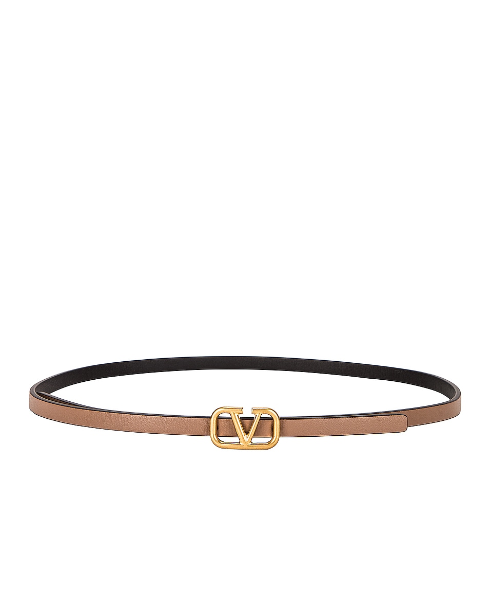 Image 1 of Valentino Garavani VLogo Skinny Leather Belt in Smokey Brown & Nero