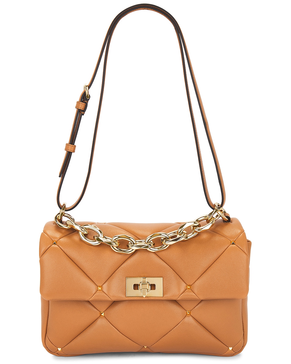 Image 1 of Valentino Garavani Roman Stud Shoulder Bag in Almond Beige