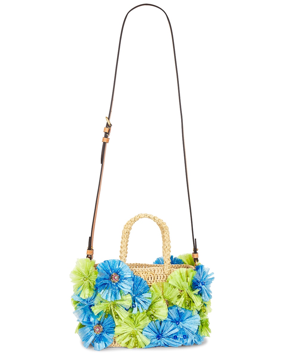 Image 1 of Valentino Garavani V Logo Signature Small Tote Bag in Naturale, Verde Azzurro, & Natural Camel