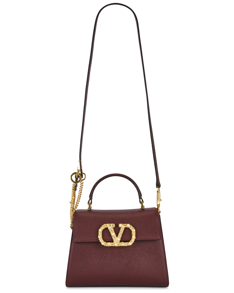 Image 1 of Valentino Garavani V Sling Small Top Handle Bag in Rosewood & Cream Crystal