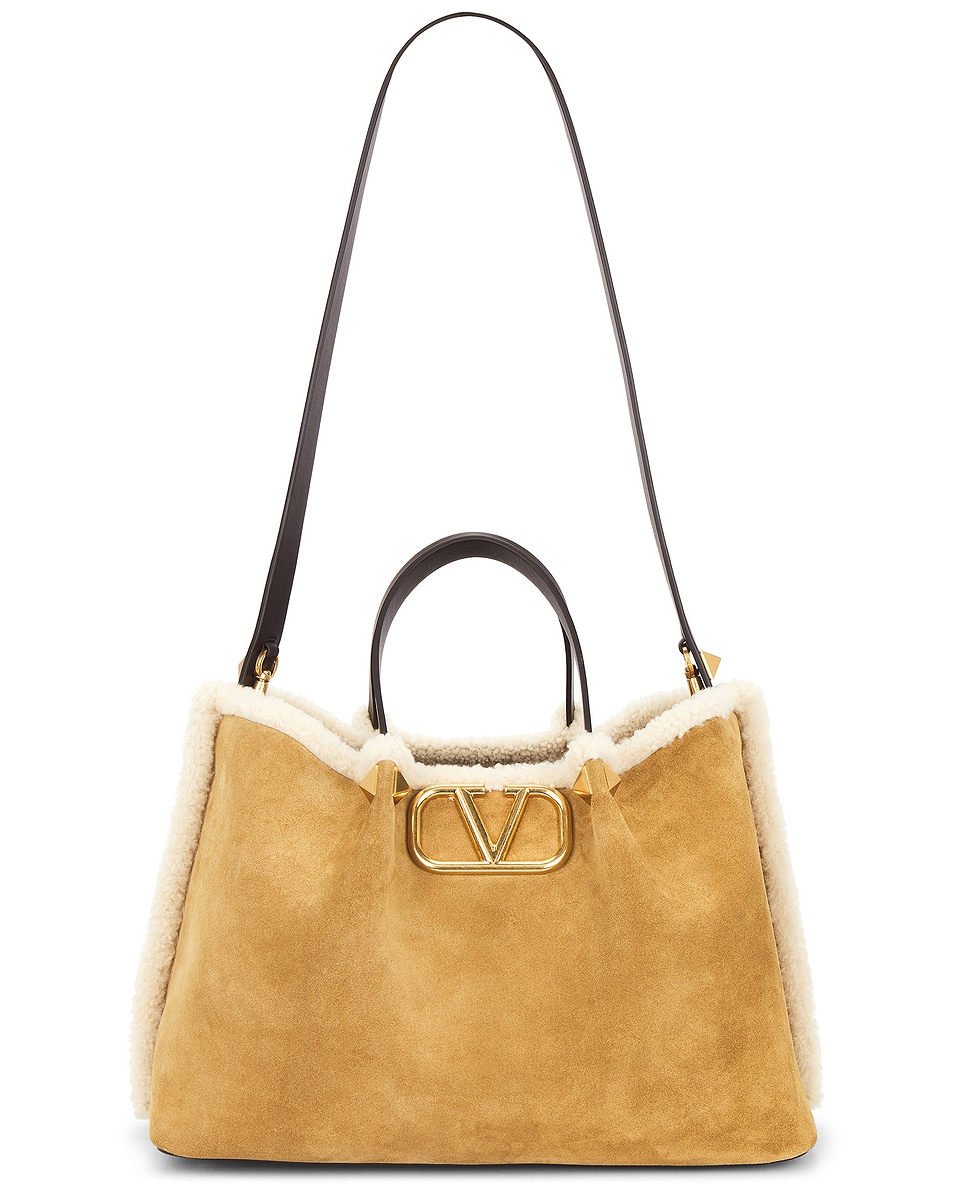 Image 1 of Valentino Garavani V Logo Signature Medium Tote Bag in Havana Beige, Burro, & Oak Brown