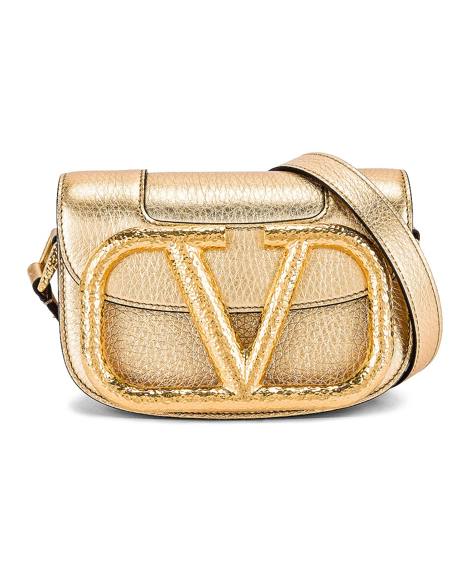 Image 1 of Valentino Garavani Small Logo Shoulder Bag in Antique Brass & Cuoio