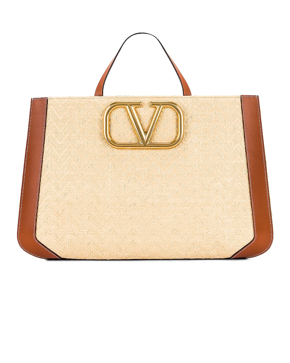 Image 1 of Valentino Garavani VLogo Raffia Double Handle Bag in Natural